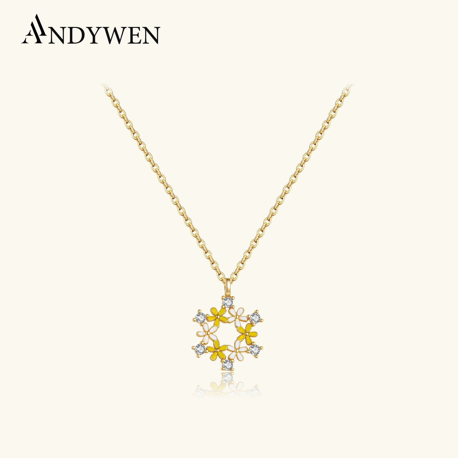 

ANDYWEN 925 Sterling Silver Sweet Enamel Zircon Snowflake Flower Pendant Necklace, Delicate Elegant Luxury Women Gift