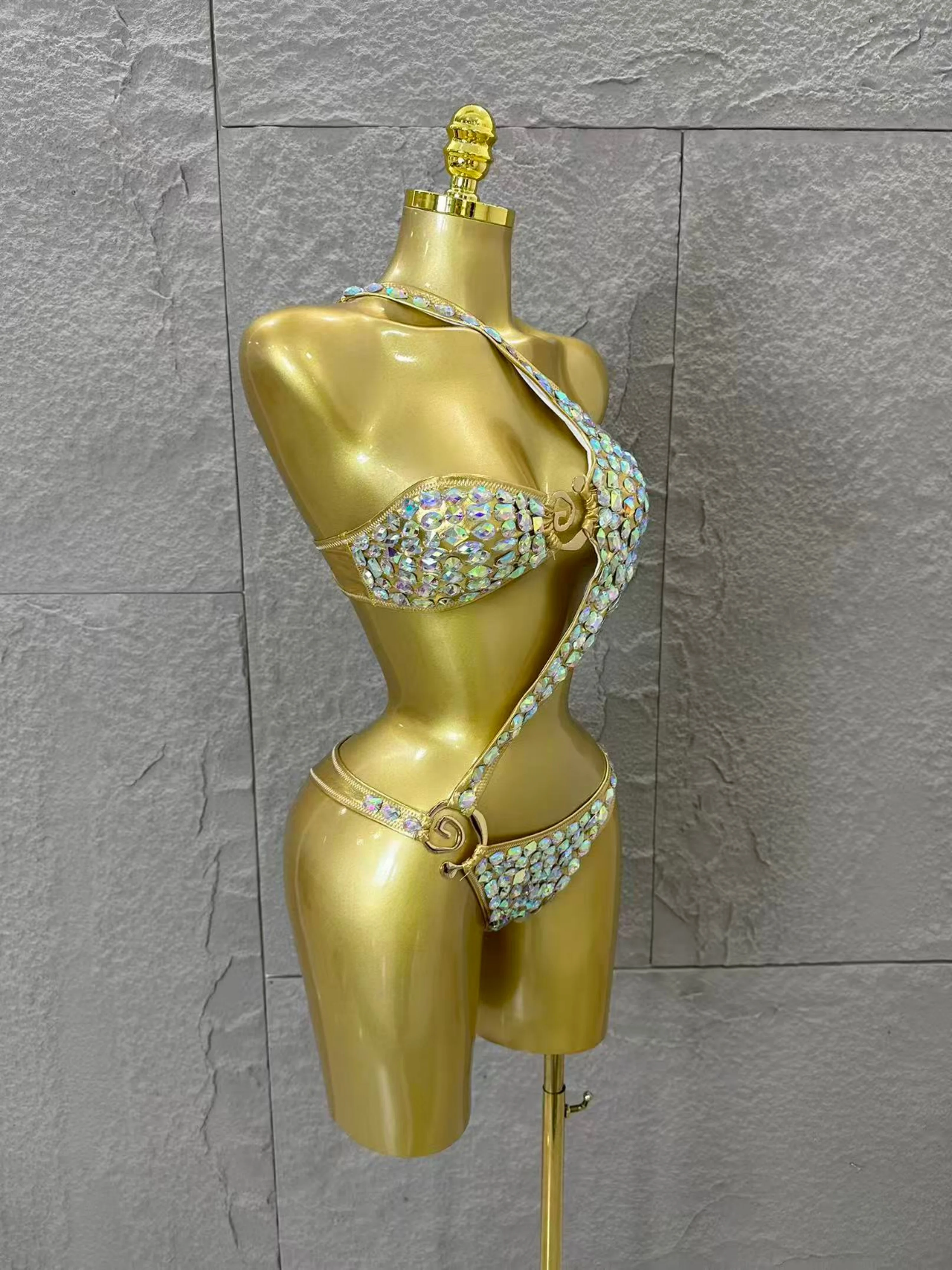 Gold Luxurious Black Bodysuit Women Sexy Halter Neck Iridescent Crystal Embellished Cutout Outfit Stage Performance Costume view 6