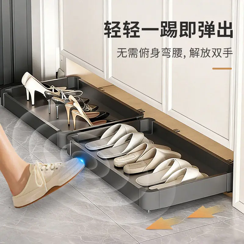 Kick Drawer Under Shoe Cabinet Bottom Multi Functional Pull Out Storage Tray With Push Open Slide For Entryway Home Organizer