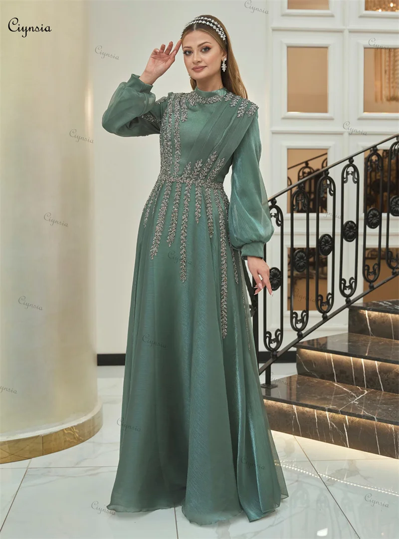 Ciynsia Elegant Long Sleeve Arabic Evening Dress High Neck Muslim Moroccan Caftan Formal Party Gown Appliques Dubai Prom Dresses