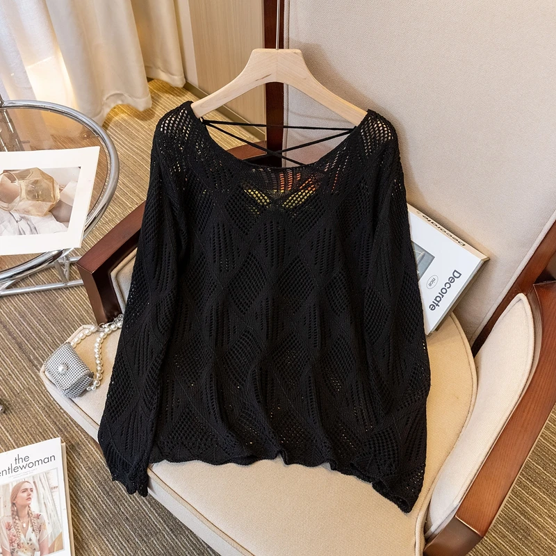 Haut tricoté ajouré pour femmes, grande taille, début d'automne, gros MM, Design coréen, Sensation amincissante, Long, Sve irt