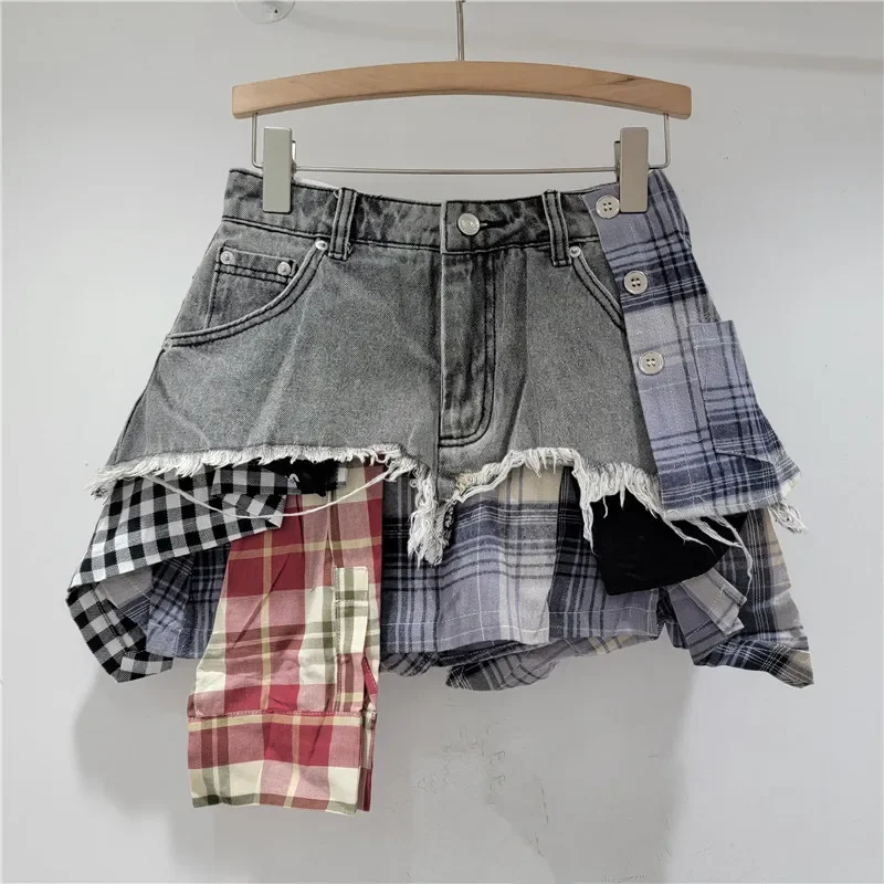 

2025 Summer Fashion New Trendy Plaid Patchwork Irregular Design Elegant Mini Denim Skirts for Women High Waist Mini A-line Skirt
