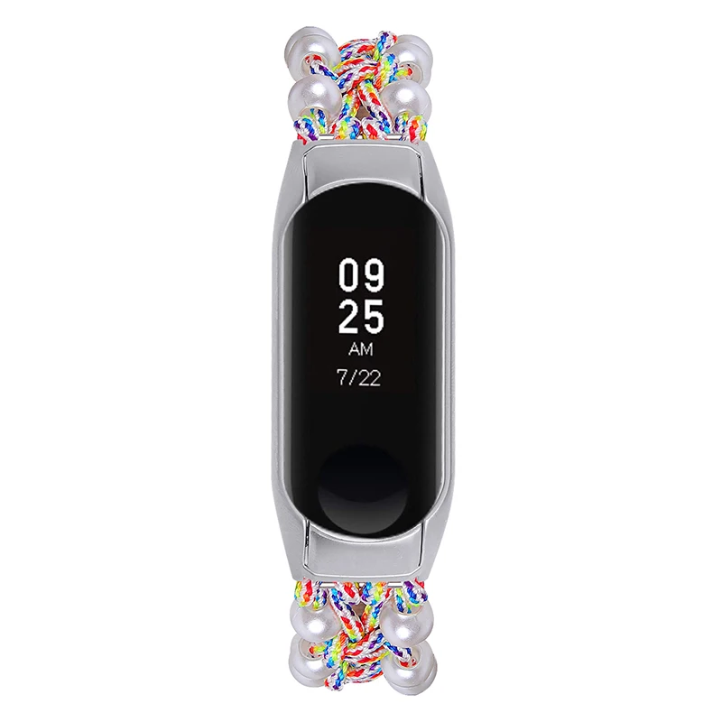 진주 장식 조절 가능한 땋은 로프 교체 시계 밴드 Xiaomi Mi Band 5/6 용 스마트 시계 손목 스트랩 - 다채로운