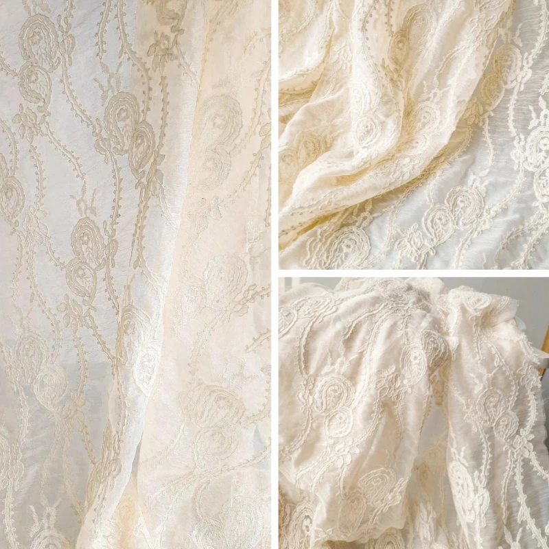 Phoenix Tail Flower Cotton Thread Circle Embroidery Mesh Fabric Retro Dress Lightweight Wedding Dress Designer Fabric