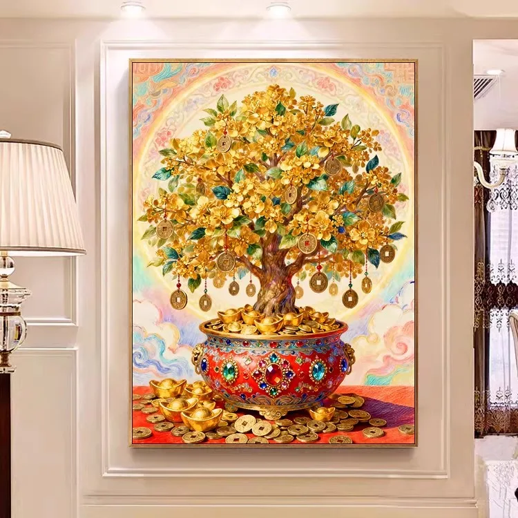 

9CT 14ct Gold Tree Printed Kit Cross Stitch Embroidery DIY Needlework Home Decor Crafts With Needles Threads
