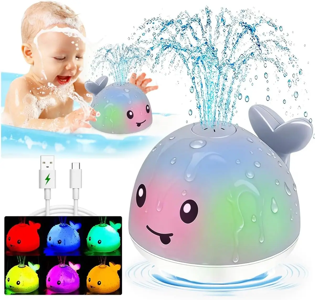 Light Up Whale Bath Toy Sprinkler - Automatic Water Spray for Toddlers 1-3, Rechargeable Bathtub Pool Toy for Kids Boys Girls Birthday Gift
