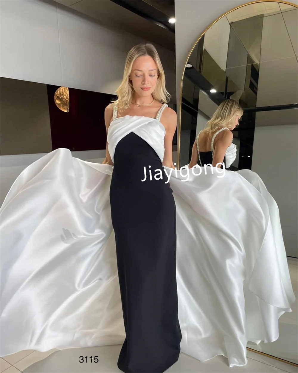 Customized Sexy Jersey Pleat Pearl Straight Square Neck Long Dresses Bespoke Occasion Dresses Customized Chinese Style