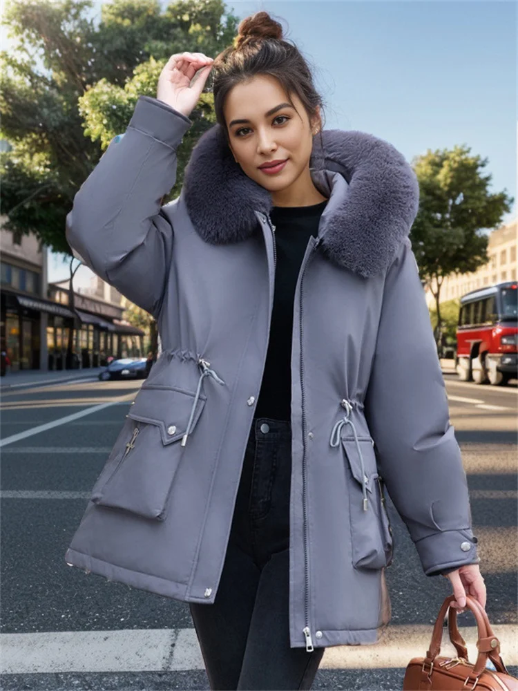 Parkas Winter 2024 Thickened Puffer Jacket Large Pockets Loose Hooded Jacket A Warm Jacket With A Cinched Waist