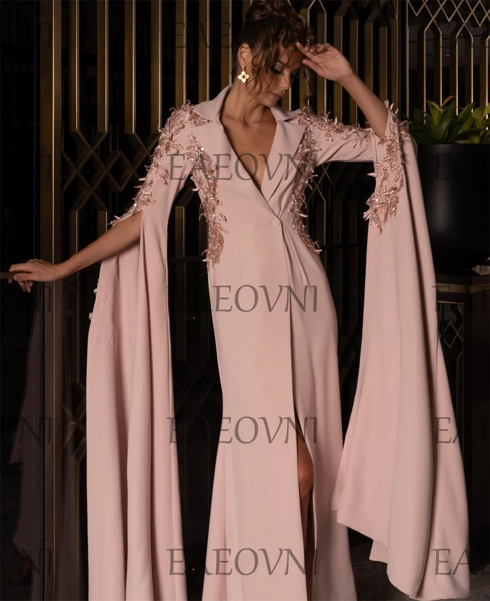 Customized Elegant Evening Gown For Women V-Neck Side High Slit 3D Applique Long Prom Dresses Exquisite Party فساتين مناسبة رسم