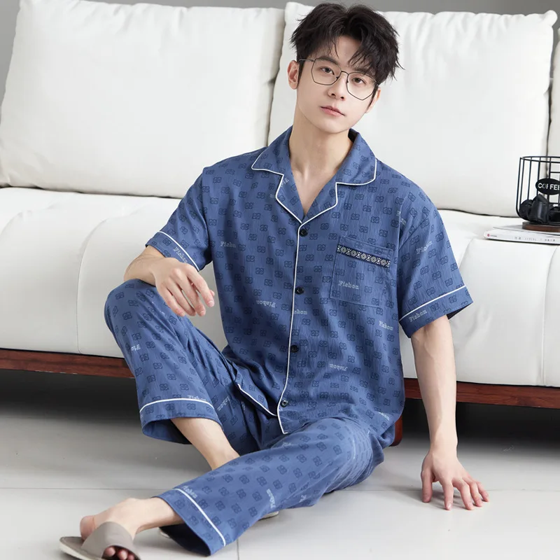 2/pce Set Men Spring Summer Casual Fashion Pajamas Male Short Sleeve Long Pants Sleepwear Cartoon Embroidery Loungewear Pajama
