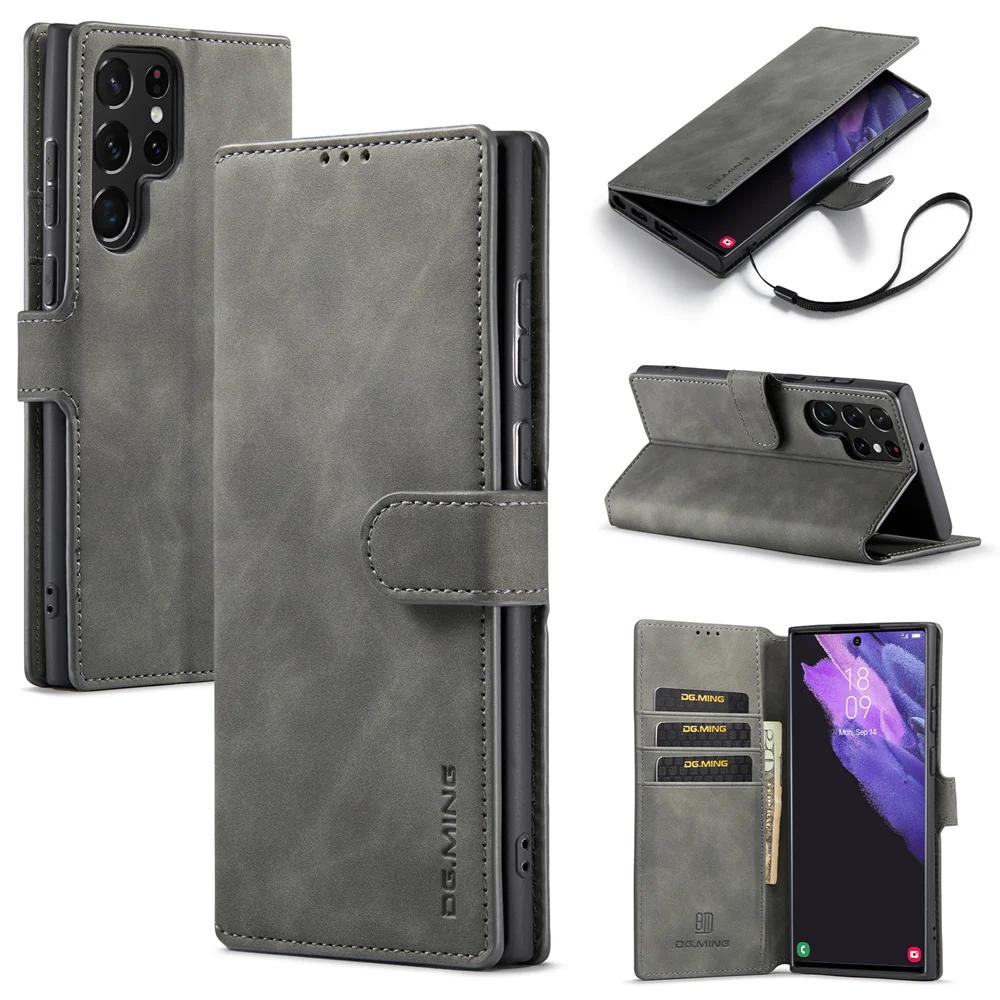 DG.MING Luxury Retro Leather Wallet Case for Galaxy S23 Ultra S7 Edge S8 S9 S10 S20 S21 S22 Plus S10E Magnetic Clasp Flip Cover