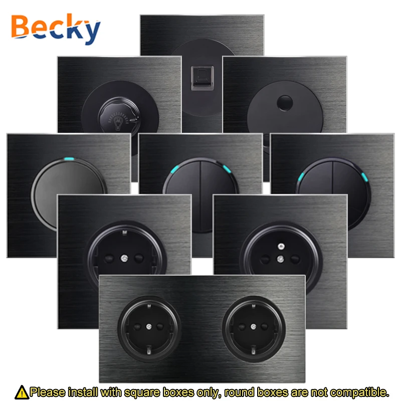 Becky Black Brushed Aluminum Wall Switch Round Reset Button With LED Light UK Standard 16A EU Socket for Home Office Decoration