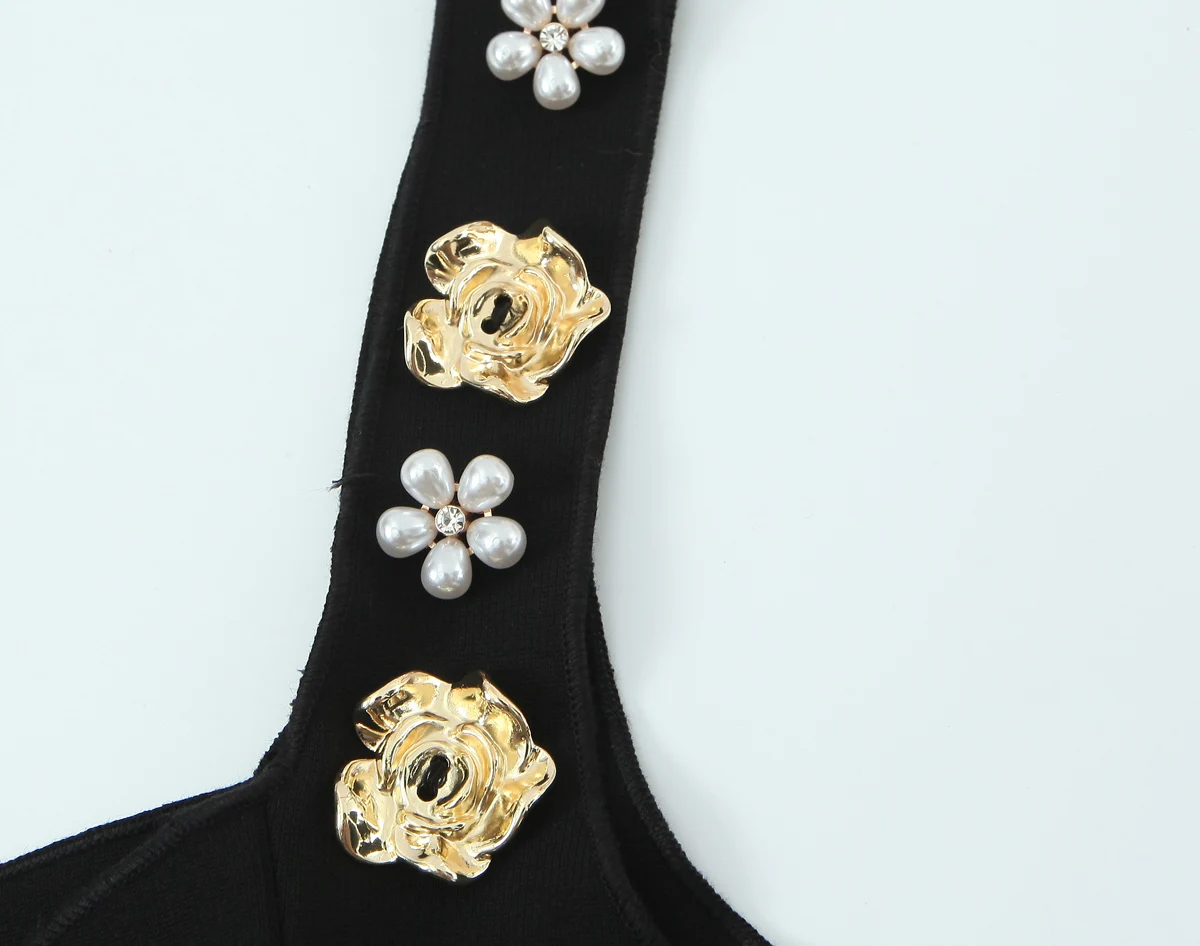 여성용 비즈 장식 블랙 탑 민소매 주름 드레스 밑단 스타일 블라우스 셔츠