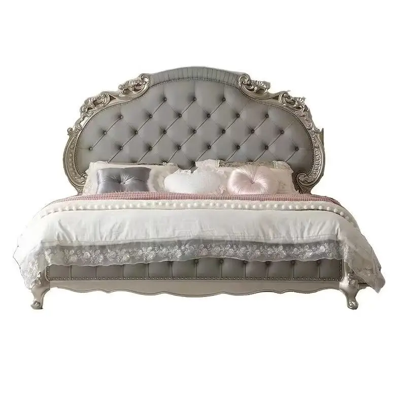 

！@Modern Handmade Leather Wood Double Bed Luxury Upholstered Bed Queen Size Carved French Wood Bed