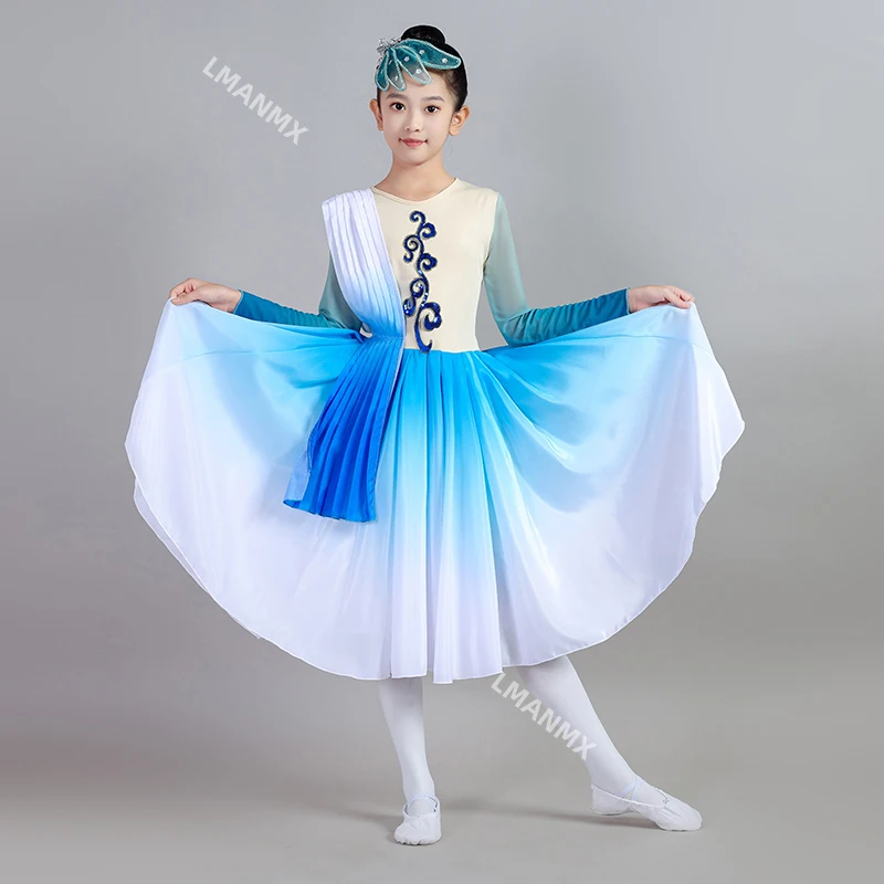 

Детский классический танцевальный костюм, источник для больших речных танцев, синий костюм для выступлений, шарф с градиентом веера