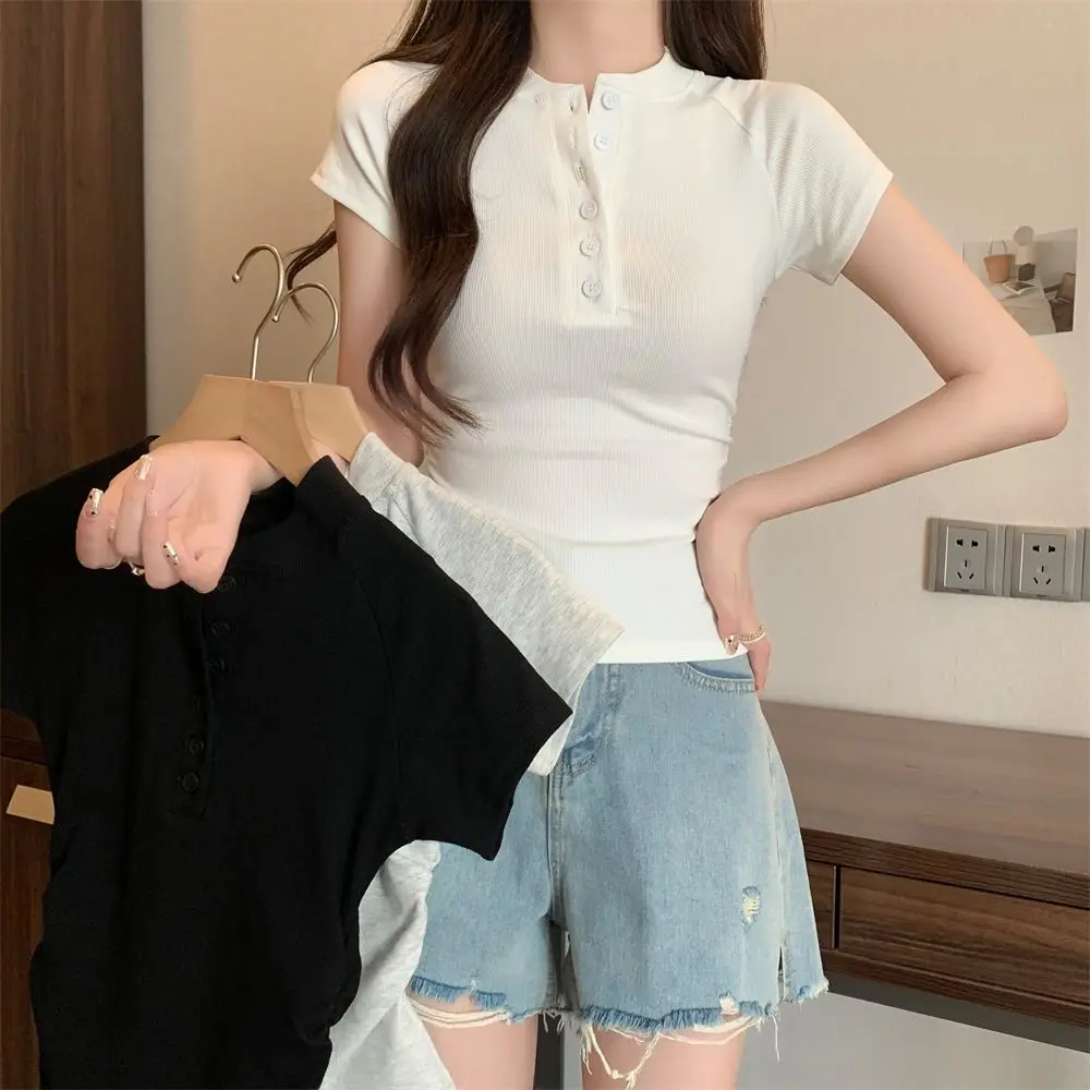 

Basic Tees Y2K Half Open Collar T Shirt Pullover Slim Fit Short Sleeve Crop Top Undershirts Button Simple T-shirts Women Beach
