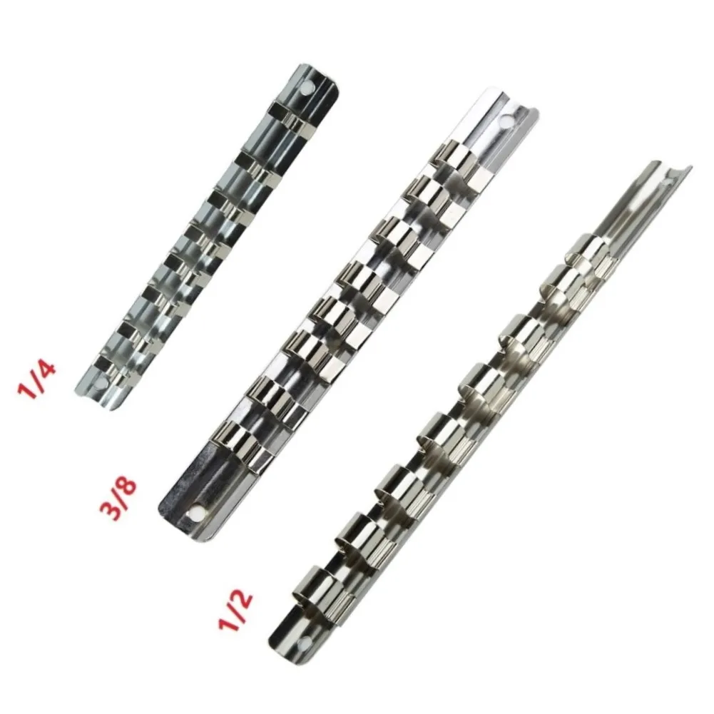 Socket Rack Holder 1/4 3/8 1/2 Inch With 8 Clips Steel Wall-Mounted Tool Organizer Rail For Garage Workshop Storage
