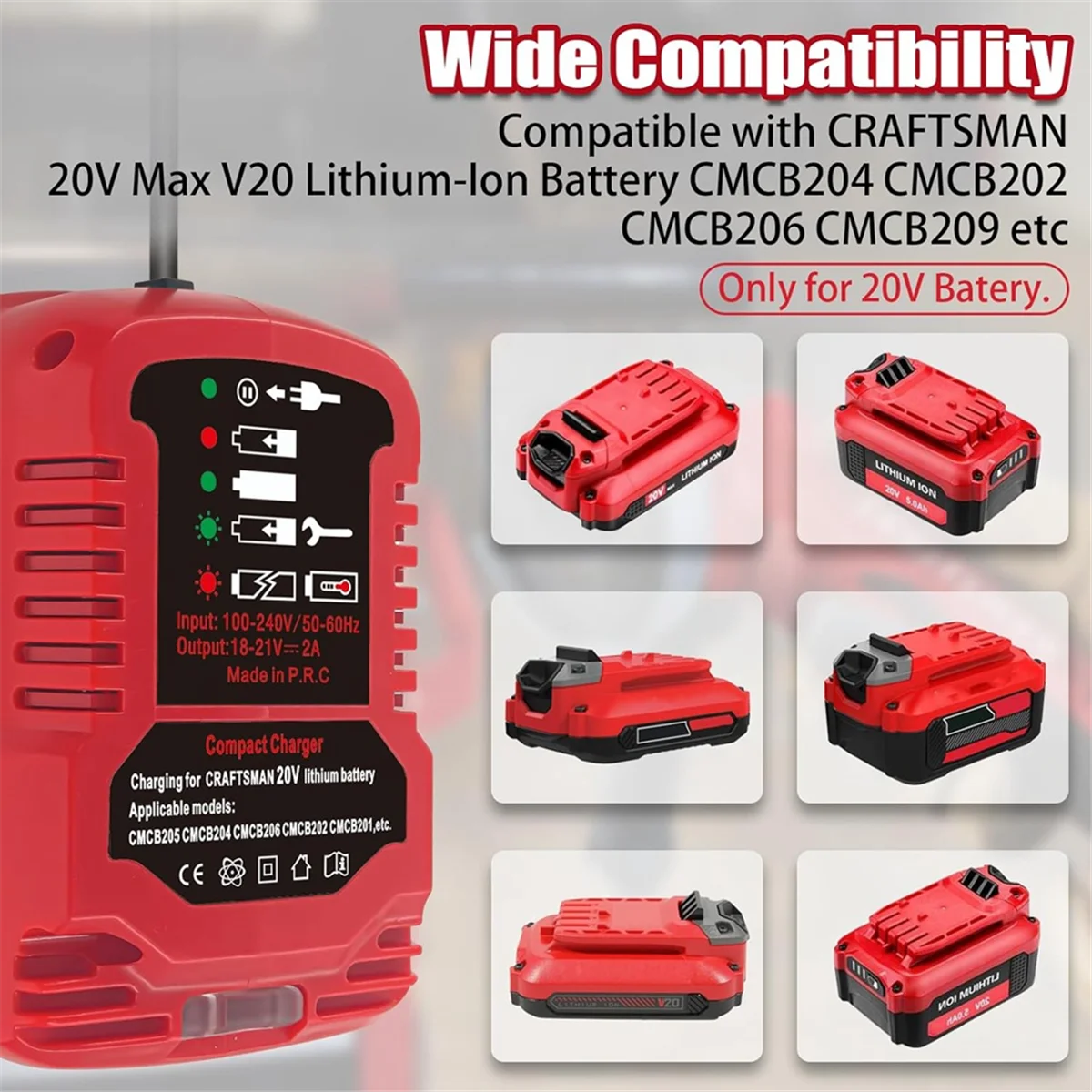 A64Z แบตเตอรี่สําหรับ Craftsman V20 20V Max แบตเตอรี่ลิเธียม Mini Charger สําหรับ CMCB202 CMCB204 CMCB206 CMCB104 US Plug