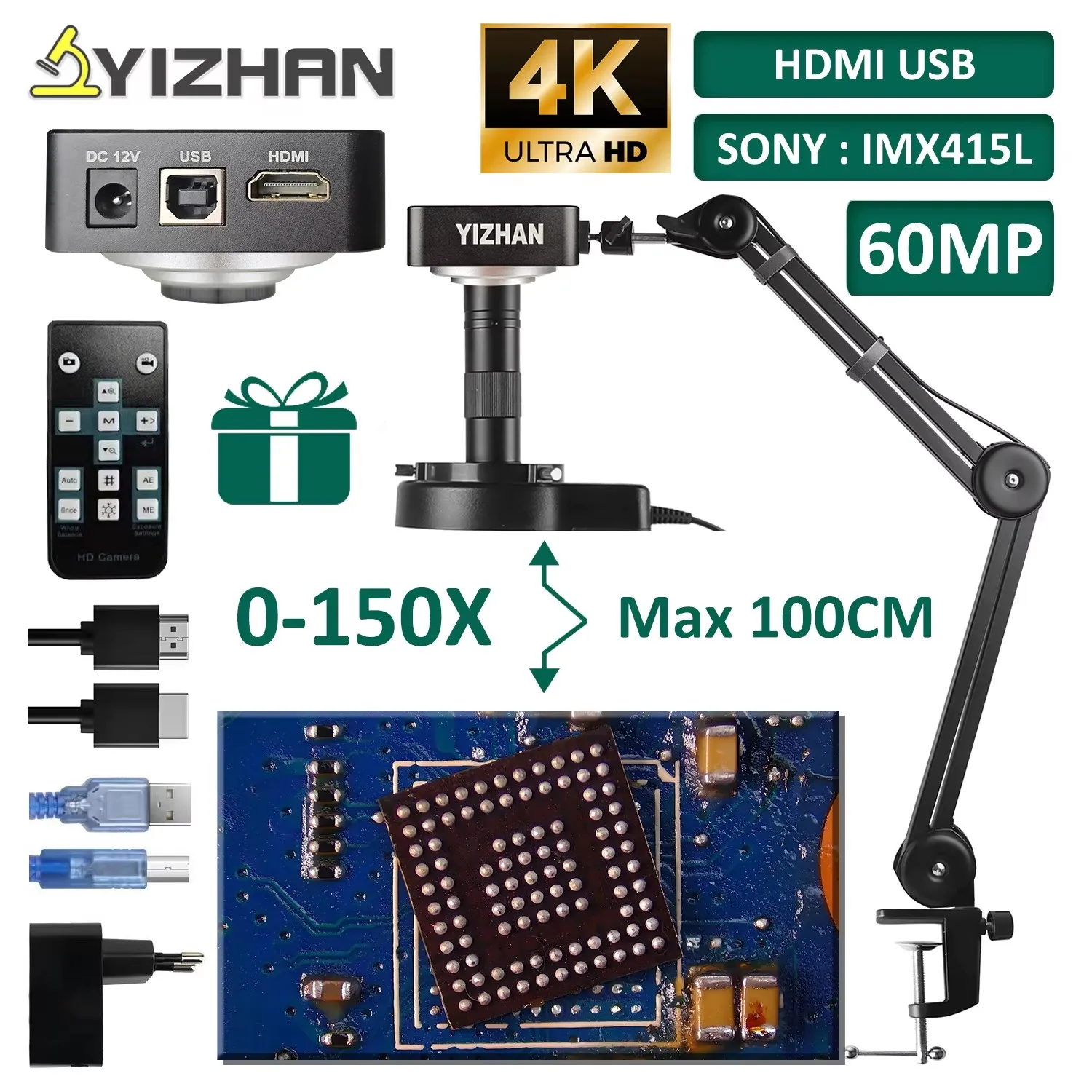 YIZHAN Factory 60MP 4K USB Digital Microscope With S-on-y IMX415 Remote Control 150x Reinforced Bracket for Soldering Microscope
