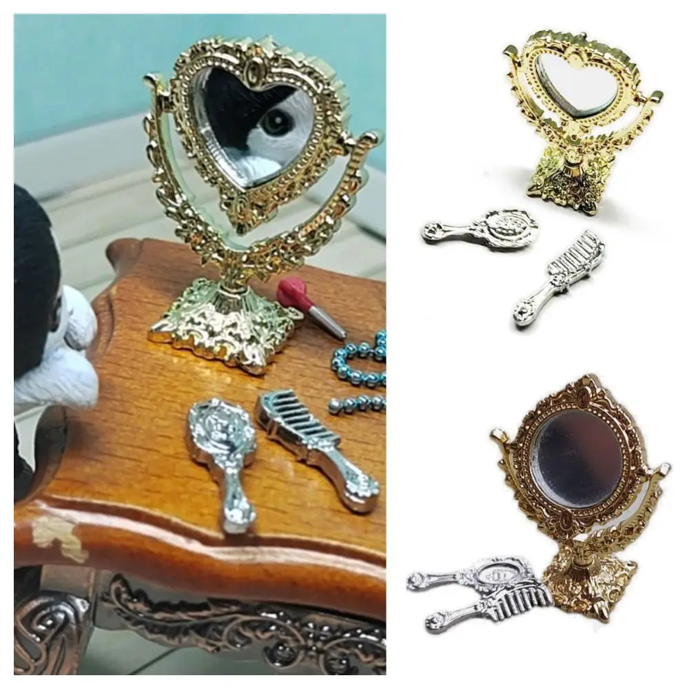 Cornici Gloden Specchio per toeletta per casa delle bambole Accessori per bambole Cuore ovale rotondo Specchio in miniatura retrò Mobili vintage