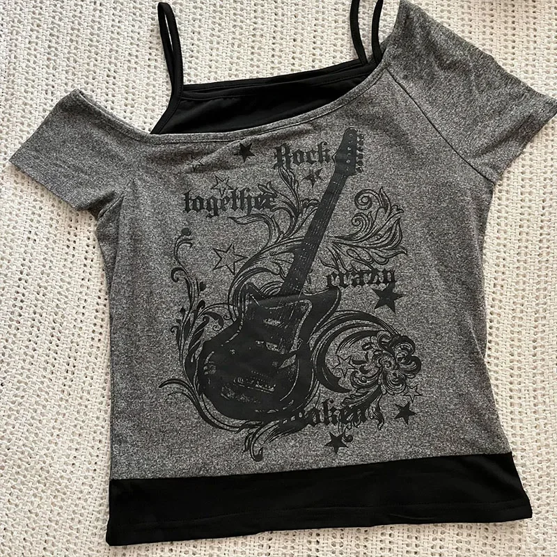 Y2k Gothic Print Tops Women Off Shoulder Short Sleeve Tee Shirt Summer American Vintage Fake Two Piece Halter Lace Up T-shirts