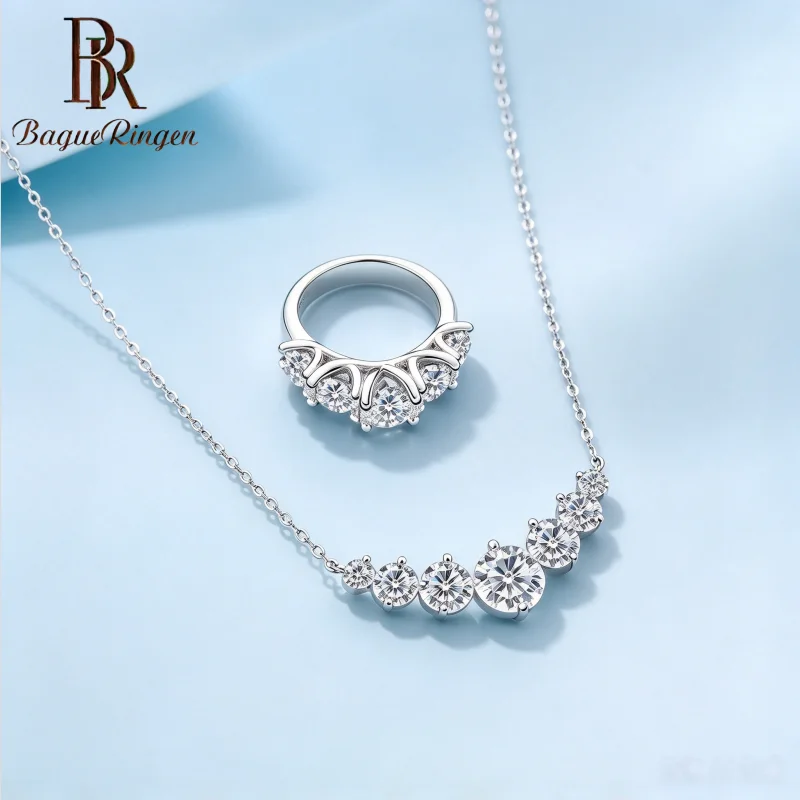 BR D Color 1.7CT-5CT Moissanite Jewelry Set Classic White Crown Ring & Graduated Necklace Sterling Silver Wedding Bridal Woman