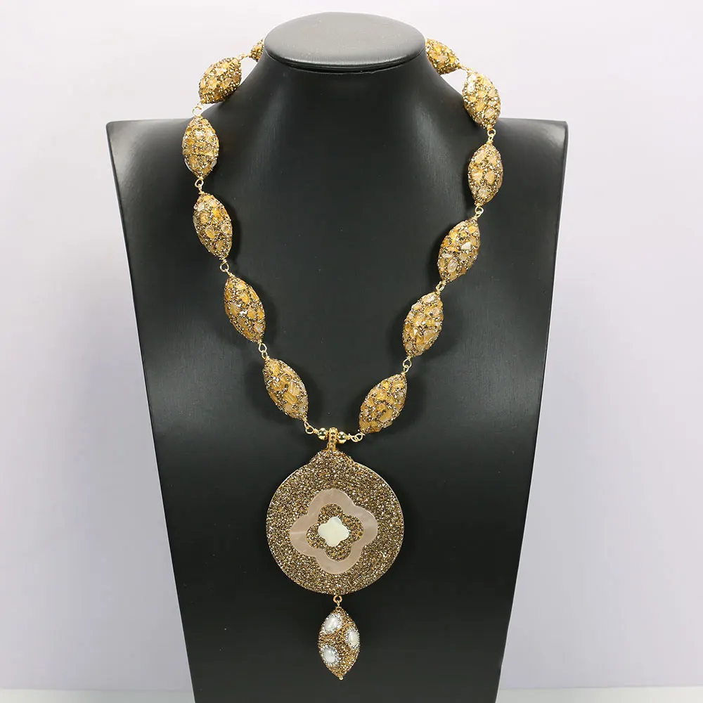 

GuaiGuai Jewelry Yellow Citrine Chips CZ Paved Beads Necklace White Pearl Flower Shell CZ Pendant Handmade Lady Gifts