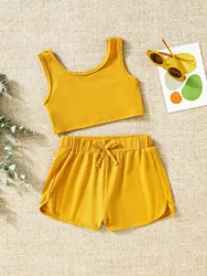 2024 New Girls Solid Color Suit 2 Piece Costume Set Casual Sleeveless Top + Shorts Set Kids Fashion Summer Clothing Set