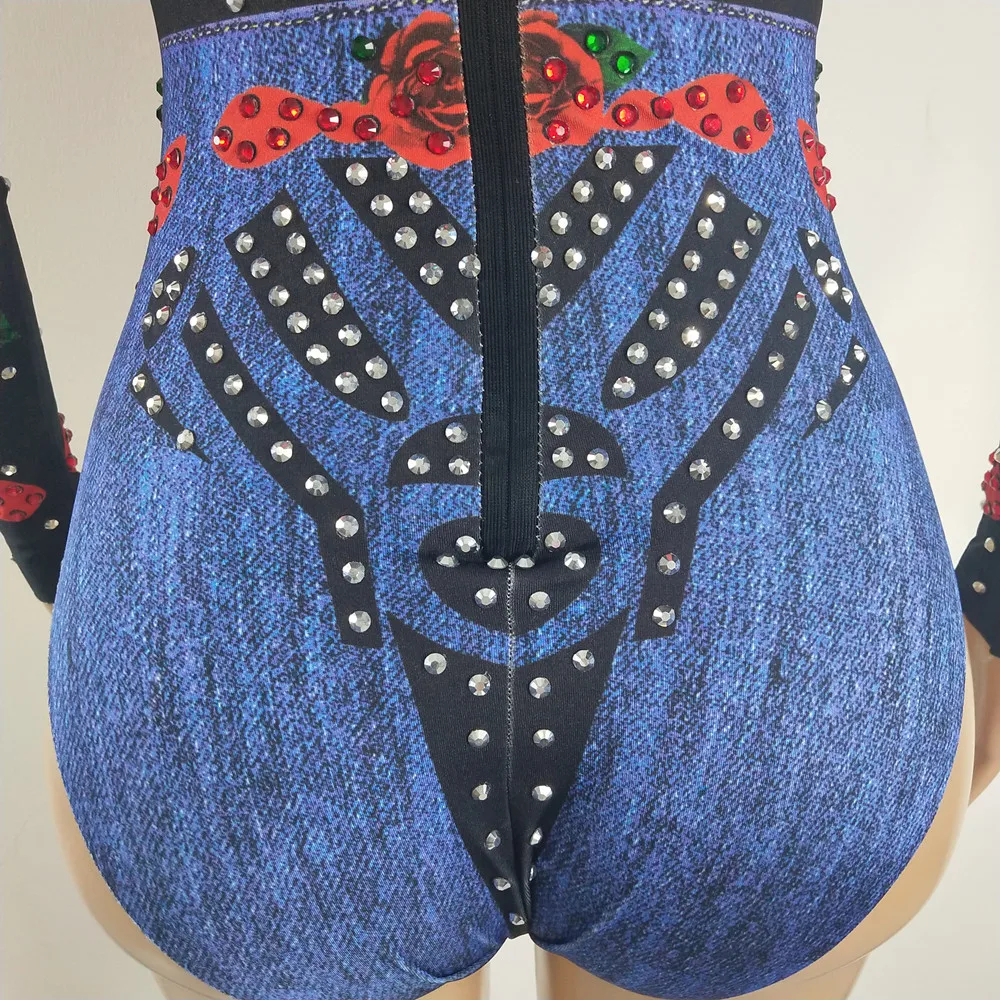 Petal Printing Rhinestones Dance Leotard Elastic Tight Bodysuit Women Singer Dancer Sexy Stage Wear Bar Performance Costume