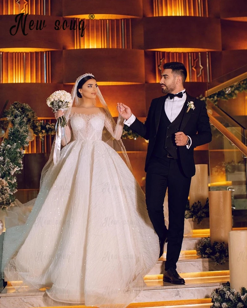 Gaun pernikahan Glitter leher tipis gaun pengantin gaun pernikahan Puffy lengan panjang 2023 gaun pengantin buatan khusus cantik Vestido De Noiva