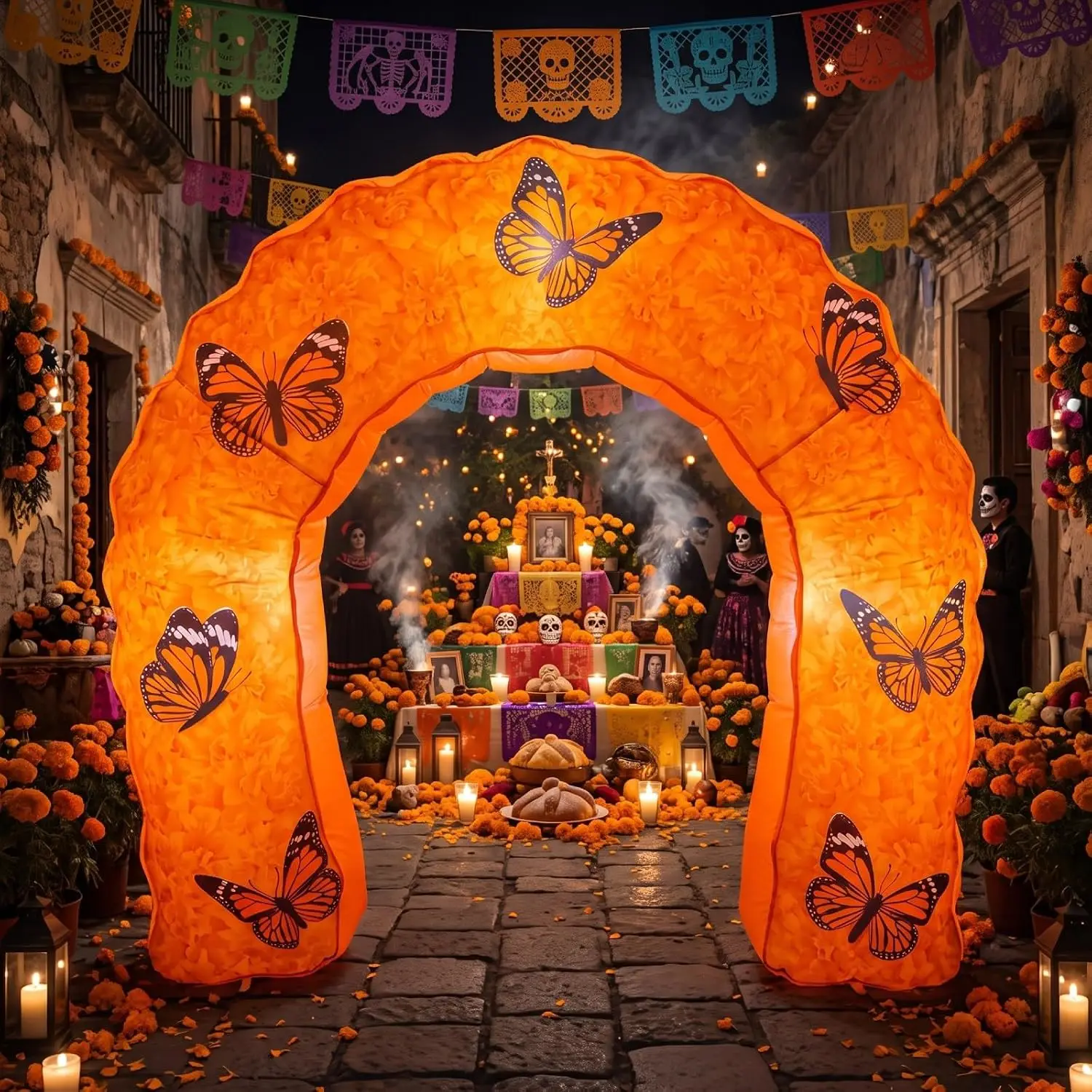 5 ft Day of the Dead Inflatable Marigold Archway-Dia De Los Muertos Altar Decoration Arch with LED Lights, Monarch Butterfly Mem