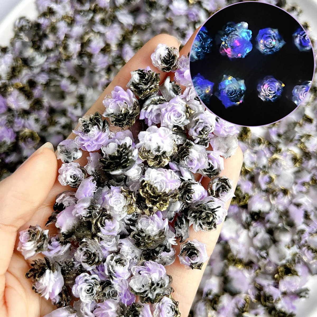 Random Mixed Luminous 3D Resin Soft Flower Nail Charms Fine Black-Purple Gradient Flower Nail Art Decoration DIY Crafts Parts