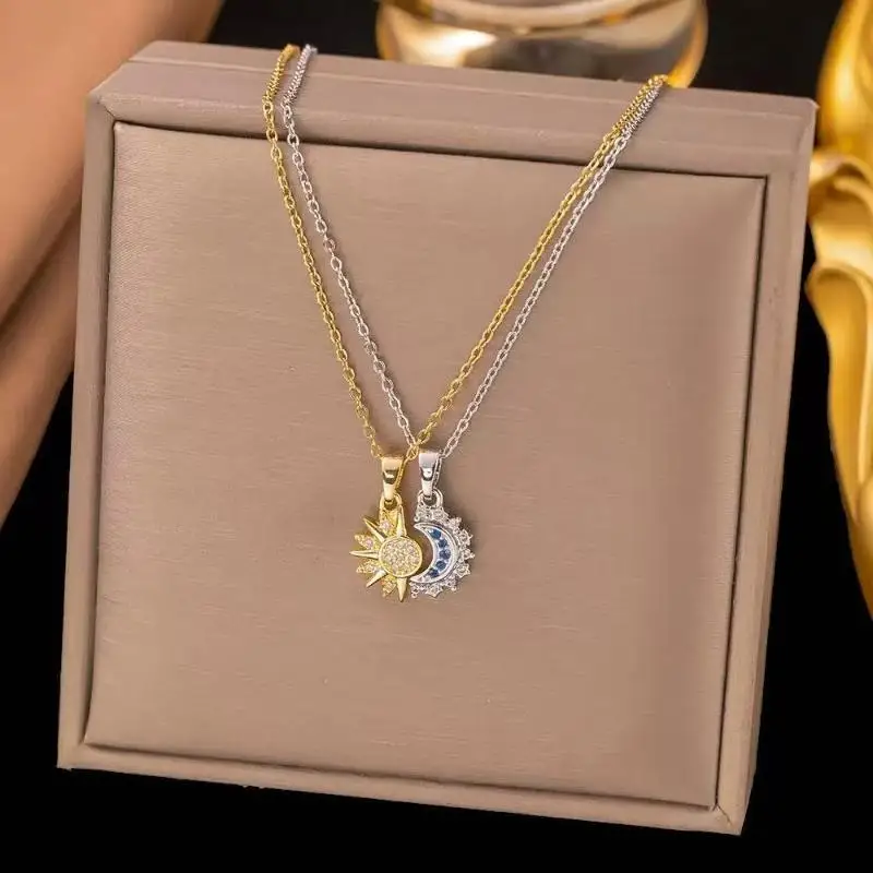 Unique Design Star Moon Pendant Necklace Shiny Cubic Zircon Trendy Jewelry for Women Streetwear Daily Dating Wear