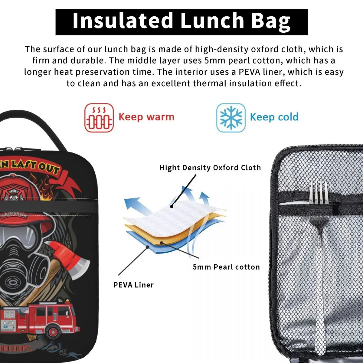 Vintage Fire Rescue Fireman Skull Firefighter Insulated Lunch Bag Women Waterproof Thermal Cooler Lunch Box Office Work School