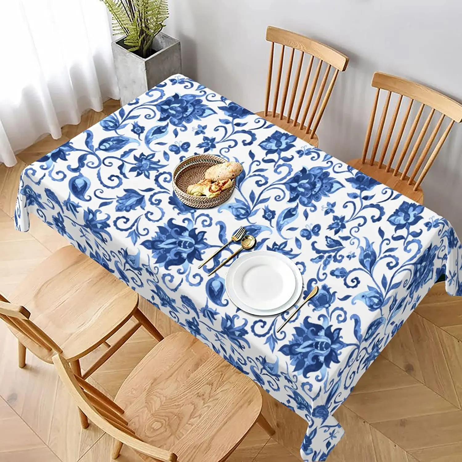 Blue Floral Rectangle Waterproof Table Cloth Suitable For Cafe Restaurant Table Cloth Picnic Cloth Party Table Cloth