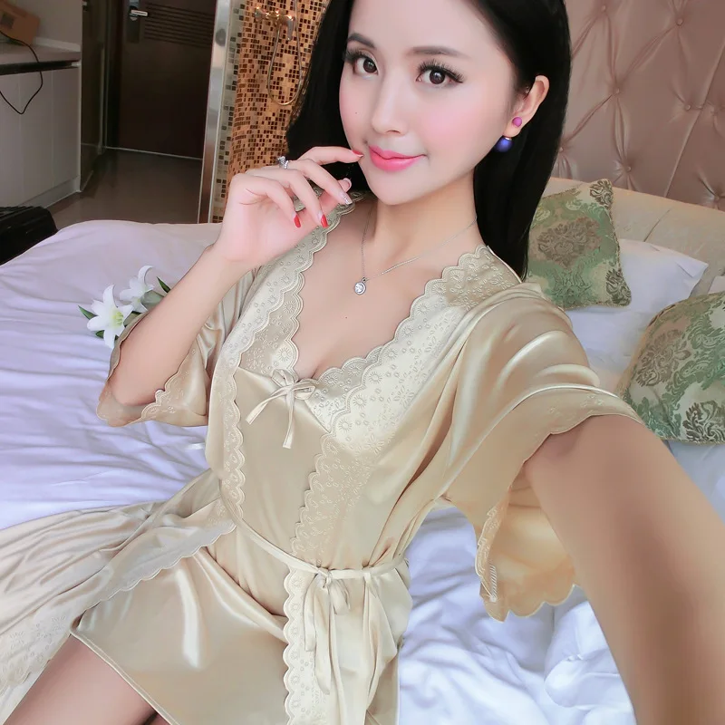 Camisolas de seda e renda para mulheres, conjuntos de roupões e vestidos de duas peças, camisola feminina, roupas de lingerie luxuosas, pijamas