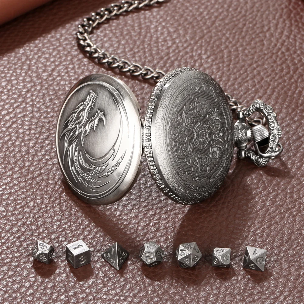 Vintage Steampunk Dragon Metal Pocket Watch Case Dice Sets with Pocket Chain 7pcs Mini Dices Retro Gift for Game Role Playing image 6