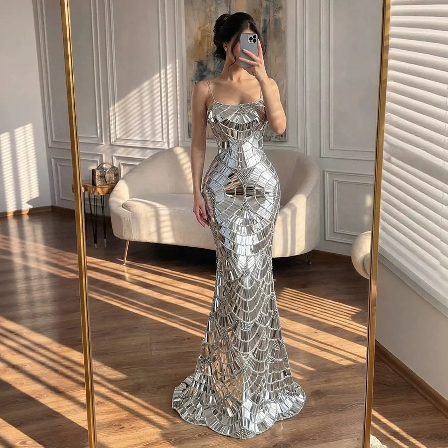 Serene Hill 2026 Luxury Silver Mirror Crystal Mermaid Spaghetti Strap Evening Dress GLA73693 Formal Gowns Customized