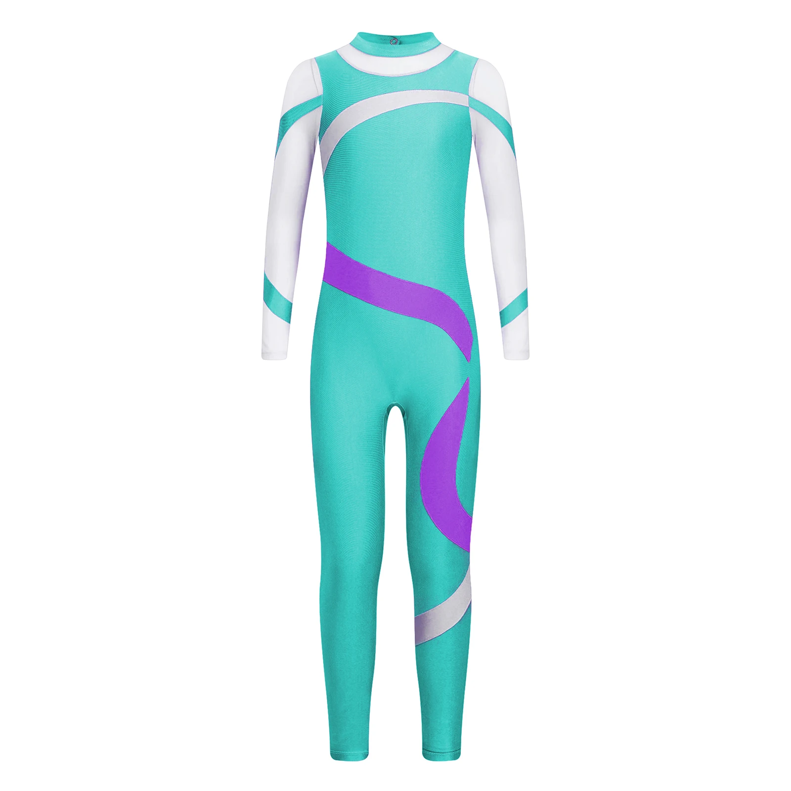 Children Girls Ballet Dance Leotard Figure Skating Gymnastics Acrobatics Yoga Bodysuit Long Sleeve Sheer Mesh Jumpsuit Dancewear