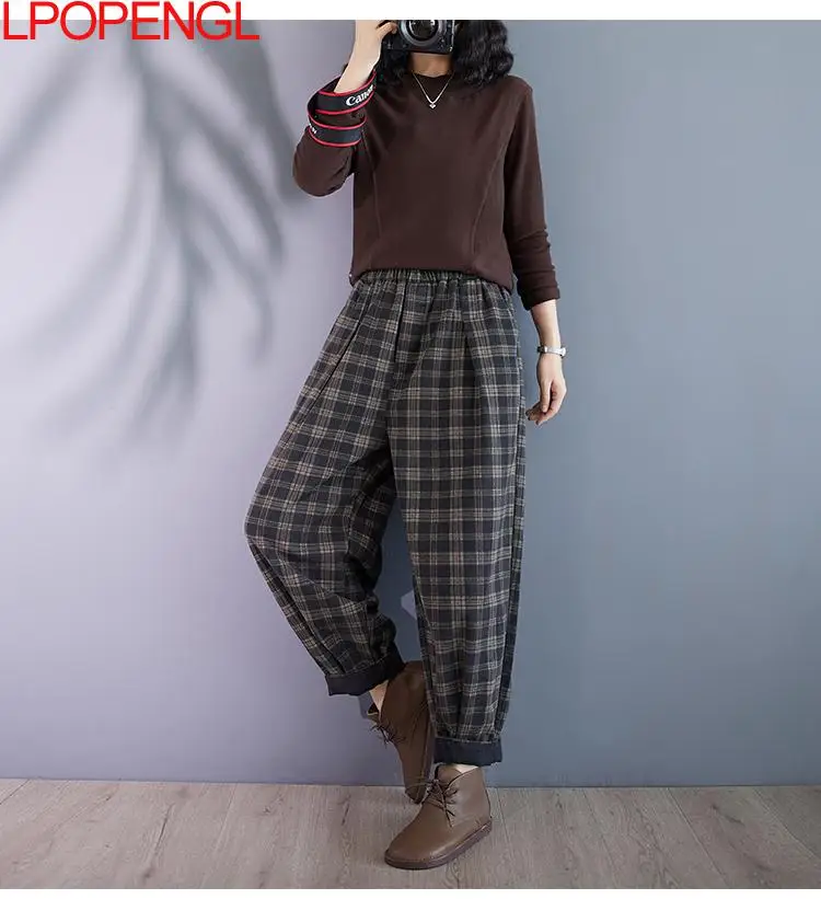 New Fashion Retro Plaid Straight Elastic Waist Jeans Women\'s Autumn Versatile Streetwear Harem Pants Casual High Waist Trousers