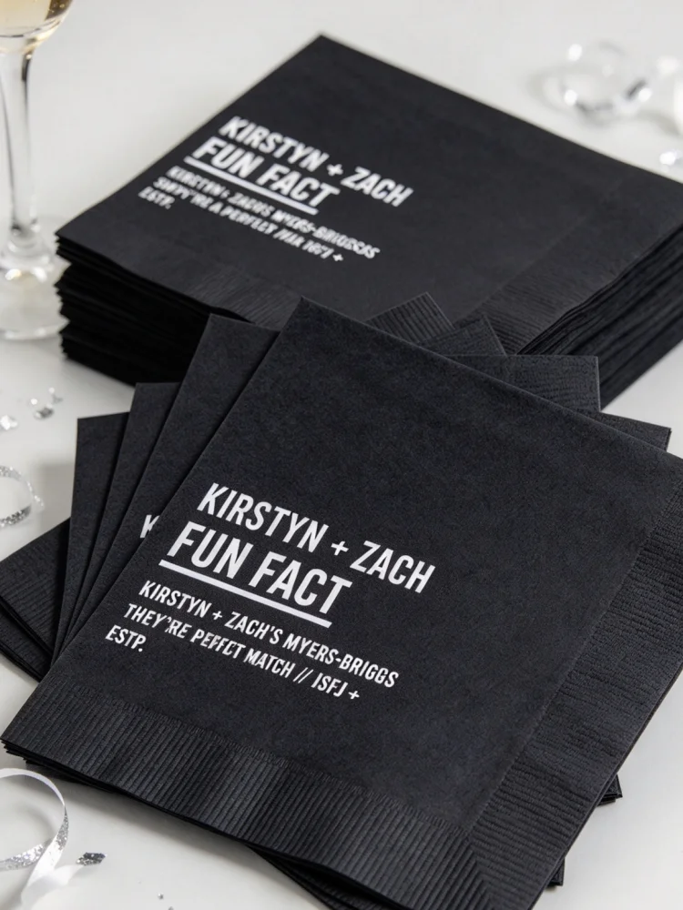 Custom Fun Fact Trivia Personalized Napkins, Disposable Guest Towels for Wedding Cocktail Hour, Unique Interactive Table Supplie