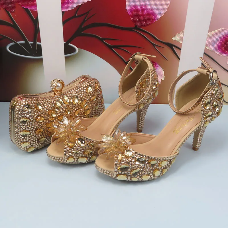 Summer Champagne Gold Wedding shoes and purse for Women Bridal Fashion High Pumps Open Toe Party Dress Shoe and bag Ankle Strap