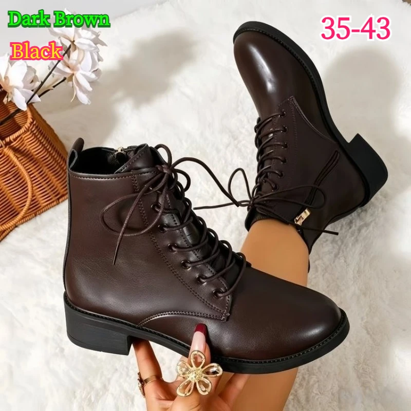 Women's Fashion Ankle Boots Round Toe Low Heel Non Slip Comfortable All‑Season Ladies Shoes Women Smooth PU Combat Boots Shoes
