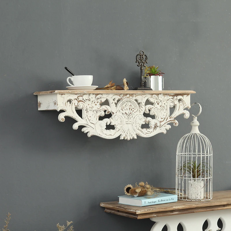 retro decorations, carved and nostalgic living room walls, solid wood wall frames, palace style porch decoration shelves