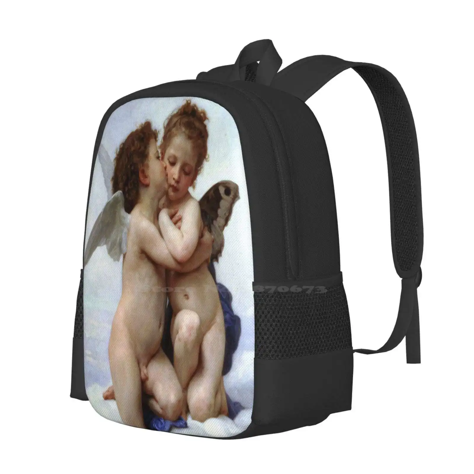 The First Kiss - L'Amour Et Psyché , Enfants - William Adolphe Bouguereau School Bag Big Capacity Backpack Laptop First Kiss Cup