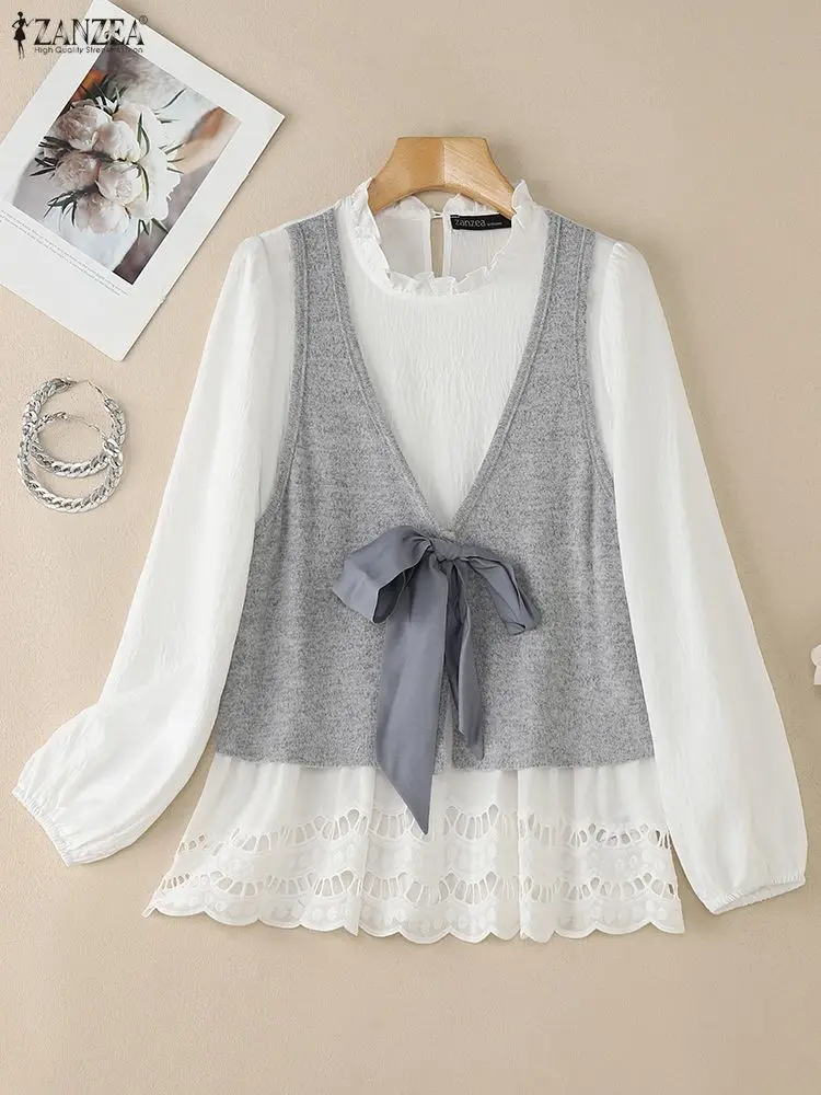 

ZANZEA Fashion Layered Design Bow Detail Blouses Women's Elegant Ruffled Collar Long Puff Sleeve Openwork Hem Tops Woman Clothes