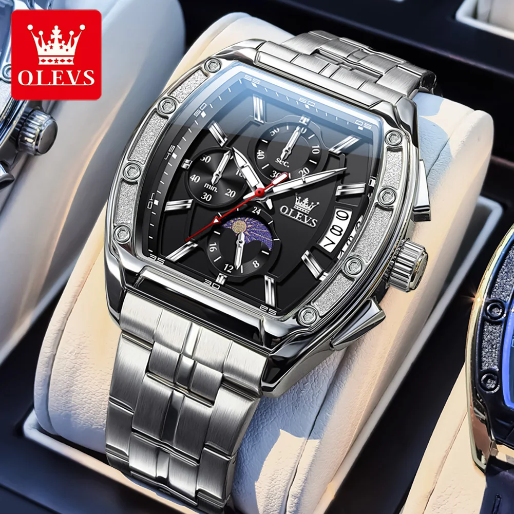 

OLEVS новые мужские часы, модный ремешок для часов из нержавеющей стали/кожаный ремешок, фаза Луны, дата, хронограф, кварцевые часы для мужчин 3661