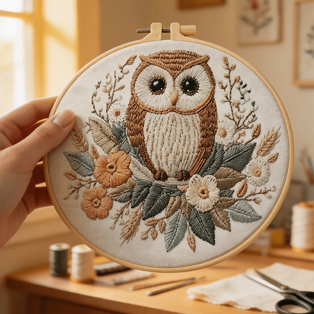 Adults DIY Hand Embroidery Complete Kit Pre‑Printed Design Fabric Colorful Thread Needle Round Hoop Needlepoint Craft Kit
