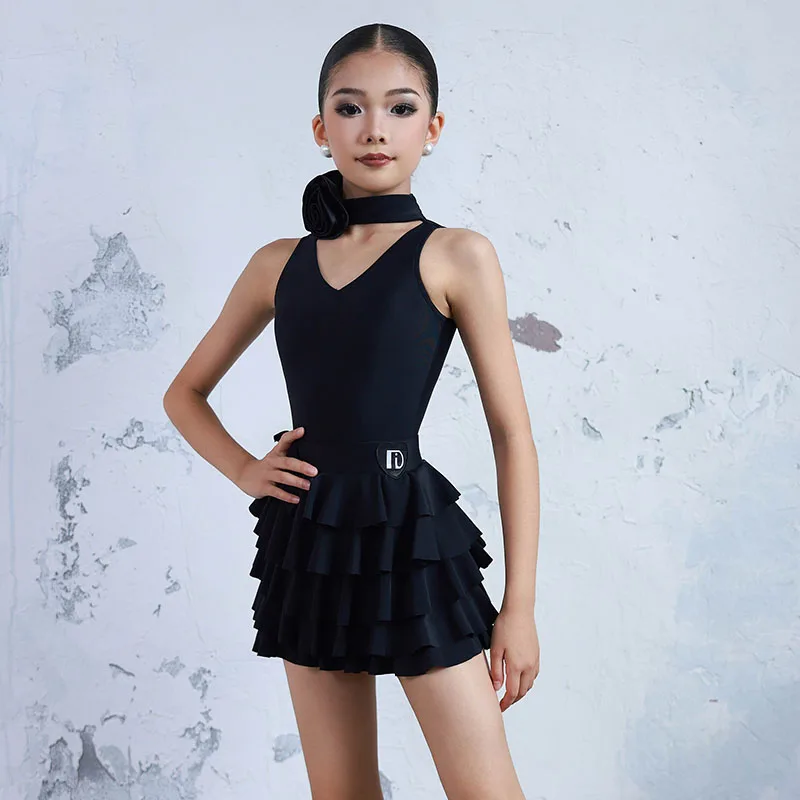Latin Dance Kleid Für Mädchen Schwarz Wettbewerb Kleidung Rumba Cha Cha Praxis Tragen Kind Ärmellose Tanz Anzug Kuchen Rock AMY2428