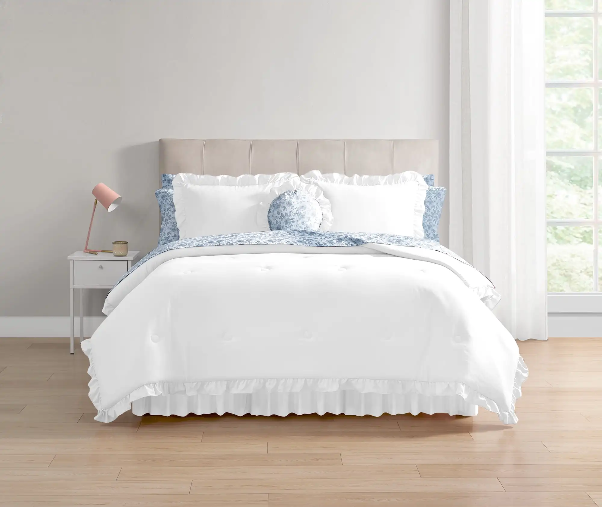 

All in One Reversible Comforter Sheet Set 11 Piece Full Size White Blue Ruffle Design